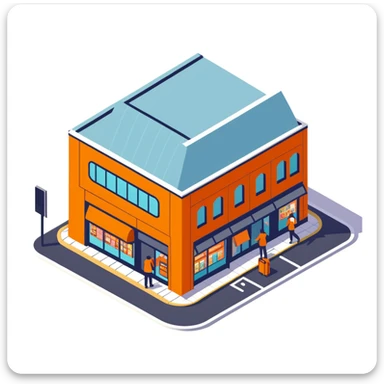 Isometric Sainsbury's Local smaller format store with orange facade, ATM outside, and pedestrians with shopping bags sticker