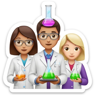 Three chemist: one organic chemist, one inorganic chemist and one theoretical chemist – each one with a typical item for their field of study (and not an erlenemeyer flask) sticker