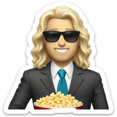 long hair white man in suit with sunglasses eating popcorn with a cap sticker