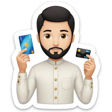 generate a pretty bratz boy wearing a white linen mandarin collar shirt with an amex card in hand. bearded black hair sticker