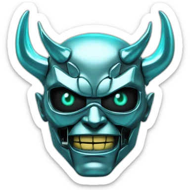 chrome demon with aquamarine lazer eyes and letter B on the face, 3d, portrait, black background sticker