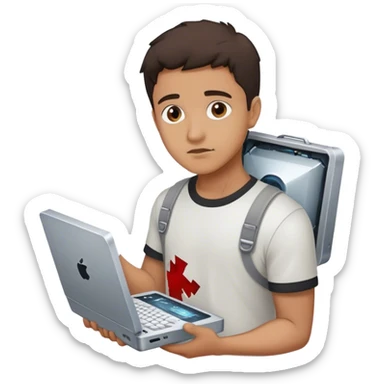 thiago mit einem kaputtem computer in der hand sticker