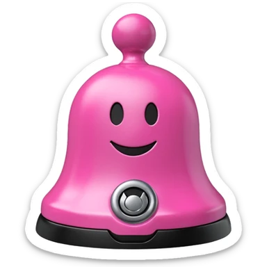pink call bell with black base and silver push knob on top and with smiley face on it sticker