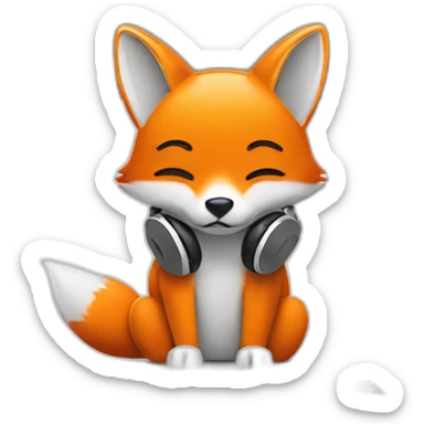 An orange fox in headphones sits at a laptop  sticker