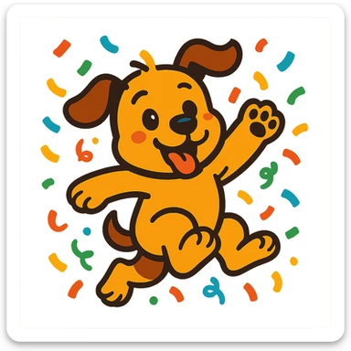 puppy jumping in confetti with paw up, vibrant-toon style sticker