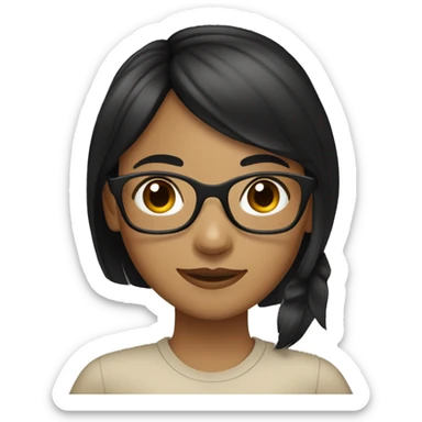 tan skin girl. black hair with bangs, ponytail hairstyle. wearing glasses.  sticker