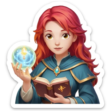 female dnd cleric with red hair holding a magic book in one hand and having a ball of light in the other sticker