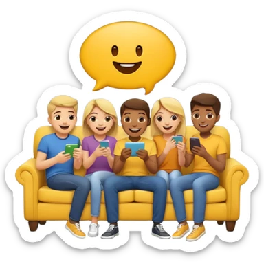 group of friends on couch playing a trivia game couch should be deep dark yellow color sticker