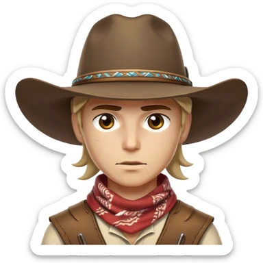 Clash of Clans aesthetic friendly Cowboy Portrait Emoji, With a rugged yet stylized build wearing a classic wide-brimmed hat and bandana, his face rendered in a natural skin tone (not yellow), determined eyes and a steely gaze, Simplified yet dynamic features, highly detailed, glowing with a warm, sunlit frontier radiance, high shine, brave and spirited, stylized with an air of Wild West heroism, focused and ready, soft glowing outline, capturing the essence of a fearless cowboy adventurer ready to ride into epic quests! sticker