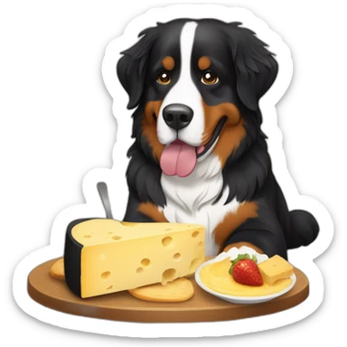 Bernese mountain dog eating a cheese fondue sticker