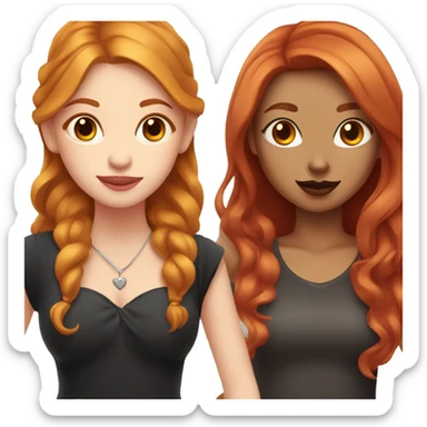 two girls in love. one has red hair and a lip piercing, the other has light brown hair. next to them is a black cat sticker