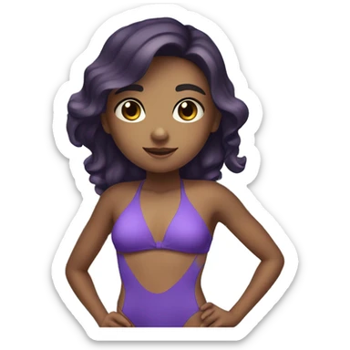 A girl in a swimsuit is standing by the pool with dark hair and brown eyes, her swimsuit is purple, she is a swimmer sticker