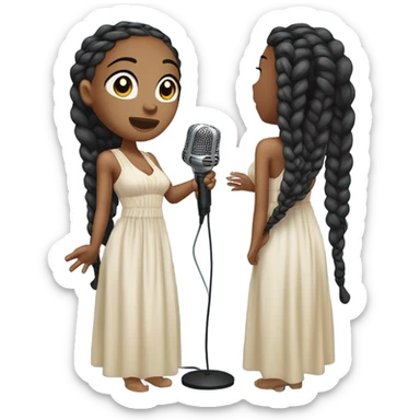 attractive young black woman with her eyes closed with long box braids, flowy dress singing with a mic sticker
