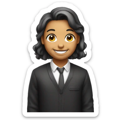 emoji en blanco y negro de una maestra de educación infantil joven con pelo largo sonrisa y ojos grandes y con una bata de clase sticker