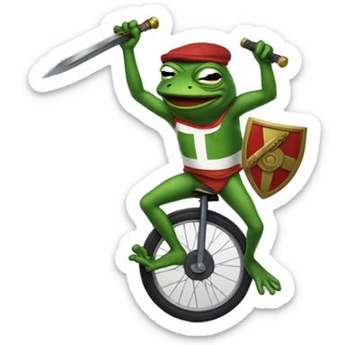 pepe the frog on a unicycle with a sword and shield sticker