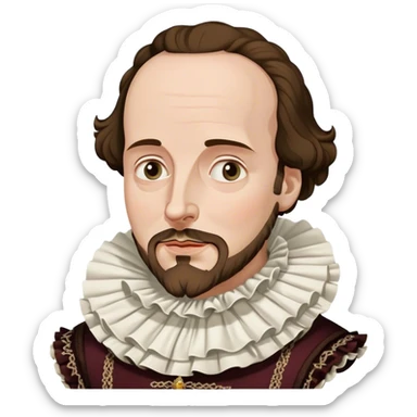 Cinematic Realistic portrait of William Shakespeare, depicted as an iconic playwright in richly detailed Elizabethan attire with a ruffled collar, expressive eyes, and a thoughtful gaze, bathed in dramatic historical lighting that evokes the Bard’s timeless legacy sticker