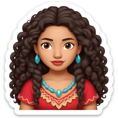 Moana character with long curly dark hair, wearing a red top, Polynesian princess sticker
