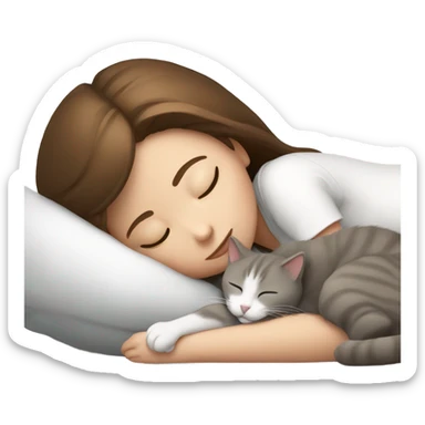 sleeping girl brown hair laying next to white and gray cat sticker