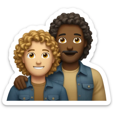 One white man and one tan man with long curly hair hugging  sticker
