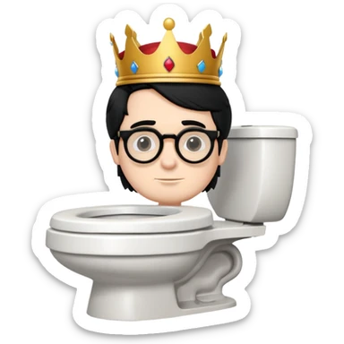 King Charles III with royal crown sitting on a toilet, wearing round glasses and black hair sticker
