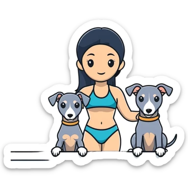 Very thin and slim Chinese woman with long black hair in pool attire at an indoor swimming pool with her Italian greyhound that is COMPLETELY solid dark grey with ABSOLUTELY ZERO white markings anywhere - 100% uniform dark grey color only sticker