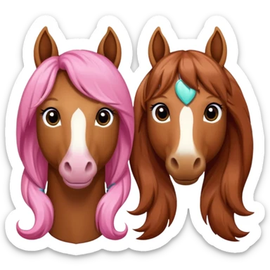 i want you to make a brown horse and a chestnut horse looking like best friends and having a pink bow on their maine next to ther ear sticker