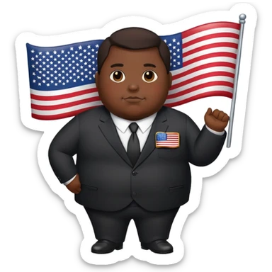overweight person in dark suit with US flag pin sticker