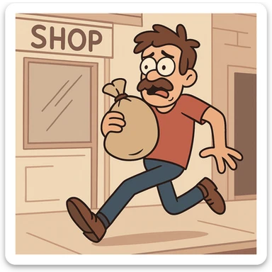 a man in casual clothes, no mask, escaping a shop with loot, worried face, cartoon style sticker