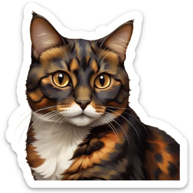 Cinematic Noble Tortoiseshell Cat Portrait Emoji, Poised and dignified, showcasing a luxurious, mottled fur of rich browns and blacks, with elegantly arched whiskers and a determined yet gentle expression, simplified yet meticulously detailed, glowing with a subtle, regal radiance, high shine, embodying quiet nobility and refined charm, soft glowing outline, capturing the essence of a sophisticated tortoiseshell cat exuding quiet authority! sticker