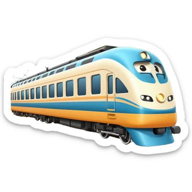A 3D cartoon passenger train with windows and multiple cars, moving on railway tracks, bright daylight, Memoji-style. sticker