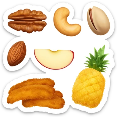 aesthetic ios 18 style different types of nuts such as walnuts, cashews, pistachios, ..., different fried fruits, .... sticker