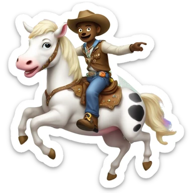 a cow boy riding a unicorn that’s throwing up rainbows sticker