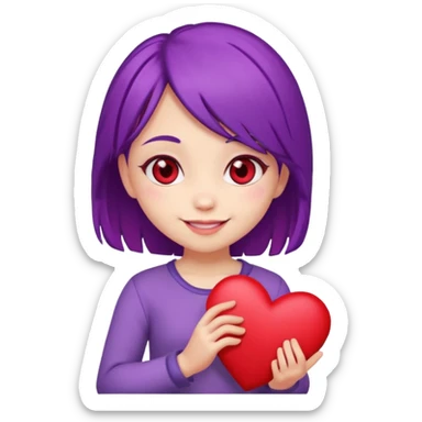A chibi cartoon with purple hair red eyes holding a heart sticker