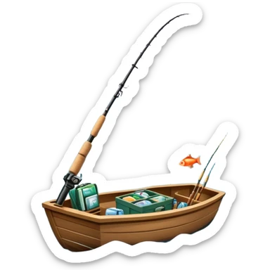 Icon for Fishing Travel: a boat on a calm lake surrounded by mountains and lush greenery, with fish jumping out of the water, a fishing rod, tackle box. The icon should capture the peaceful and adventurous nature of fishing trips. Transparent background. sticker