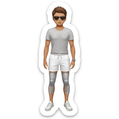 Handsome. Male. Short brown hair. Messy hairstyles. Sunglasses. Sexy pose. Full body. Wearing shorts. White tekkies. At the pool sticker