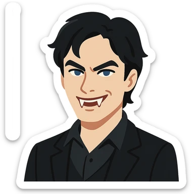 flat toon style Damon Salvatore as a vampire with dark hair, blue eyes, fangs, sly smile sticker