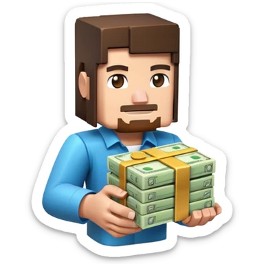 emoji style icon, minecraft blocky character holding a stack of money, pixel art style, bright colors, simple background, 3D glossy emoji, centered composition, soft shadow, high detail, clean outline, white background sticker