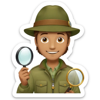  man with brown hair in beige moss green explorer outfit, hat, holding magnifying glass, smile sticker