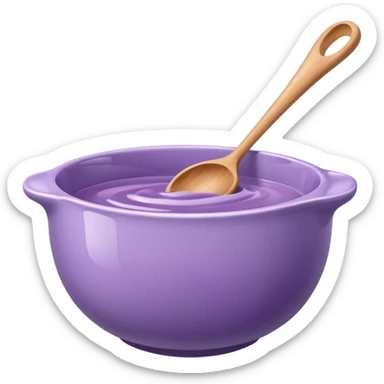 a lilac ceramic mixing bowl with a wooden spoon stirring sticker