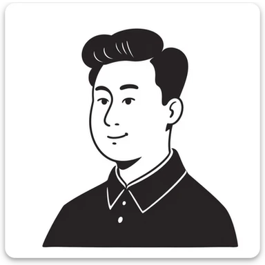 Official portrait of a North Korean man, head of the hull production workshop at a shipyard, serious and formal style, dark suit, neutral background, confident and focused expression, style inspired by Soviet and North Korean official portraits sticker