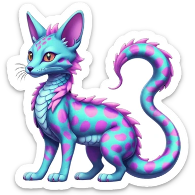 Flurry furry colorful dark edgy neon-glowing-patterns on gloomy dusky scaly sergal-serval-possum-sphynx-Koi-sergal-fusion-animal-hybrid-creature with a snake-tail sticker