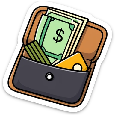 black leather wallet open with dollar bills inside and a small analog clock in top right corner floating above the wallet sticker