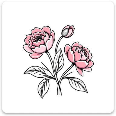 peony flowers with lush petals and leaves in pastel colors dd9fb0 ffc6d3 a3bfc9 c4bee2 f1b091, hand-drawn doodle style sticker