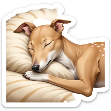 Meme-Worthy Cute Sleeping Fawn Greyhound Portrait Emoji, Head resting peacefully with a contented smile, showcasing a slender build and a luxuriously smooth fawn Fur, eyes shut in a serene nap, Simplified yet hilariously adorable features, highly detailed, glowing with a soft, drowsy light, high shine, relaxed and utterly lovable, stylized with an air of playful laziness, bright and heartwarming, soft glowing outline, capturing the essence of a comically sleepy racer, so meme-worthy it feels like it could instantly become the next viral sensation of adorable slumber! sticker