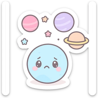 a small, blue-tinted Pluto with a frown, gazing up at a group of distant planets, feeling left out, cute kawaii style sticker