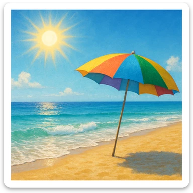 Beach weather with sun, waves, and a beach umbrella. sticker