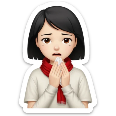 a pretty bratz fair girl crying in a loose oversized off white tshirt and red scarf with short black hair with a tissues in hand sticker