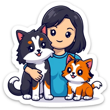 woman with long black hair holding an American Shorthair cat and a Cavalier King Charles Spaniel dog sticker