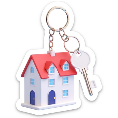 white key with a white house-shaped keychain on a chain, 3D Emoji style, soft shadows and highlights, transparent background, no decoration, close-up view sticker