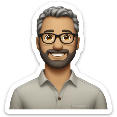 Man aged 39. Short stripped hair and short brown beard, big brown eyes, gray opthical glasses, big smile sticker